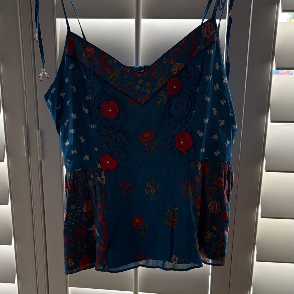 Blue Floral Embroidered Spaghetti Strap Women's Top from Anthropolgie